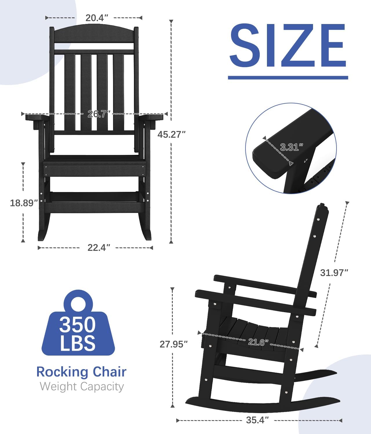 FOOWIN 3-Piece Outdoor Rocking Chairs Set, High Back Patio Rocker with Side Table, HDPE All Weather Resistant Oversized Rocking Chairs for Indoors, Porch, Patio, Backyard, Black (Black, 3-Set)