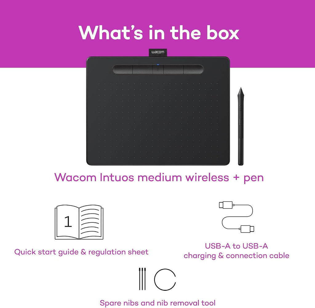 Wacom Intuos Medium Bluetooth Graphics Drawing Tablet, Portable for Teachers, Students and Creators, 4 Customizable ExpressKeys, Compatible with Chromebook Mac OS Android and Windows - Black