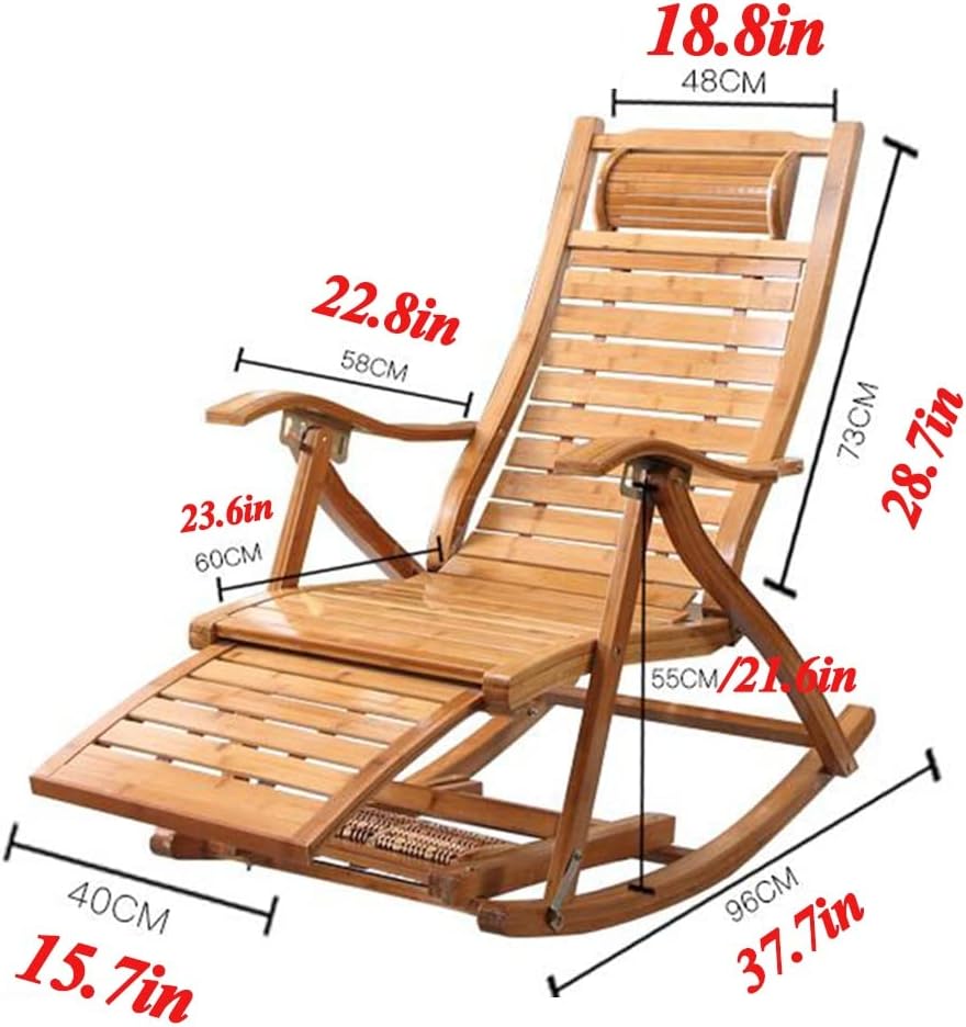 Folding Chair Indoor Padded, Rocking Chair with Ottoman, Wooden Frame Adjustable Reclining Chair with Footrest Headrest Removable Cushion Portable Deck Recliner for Living Room