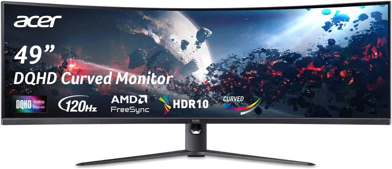 Acer Nitro 49' Gaming Monitor | UltraWide DQHD 5120 x 1440 | 1000R 32:9 Curved | AMD FreeSync | Up to 120Hz Refresh Rate | 3ms (G to G) | 1 x Display Port 1.4 & 2 x HDMI 2.0 Ports | EI491CUR J0biiphx