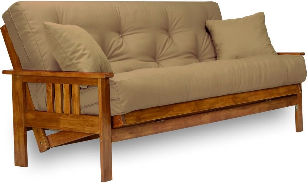 Nirvana Futons Stanford Futon Set - Full Size, Frame, 8' Mattress, Microfiber Sussex Khaki Cover