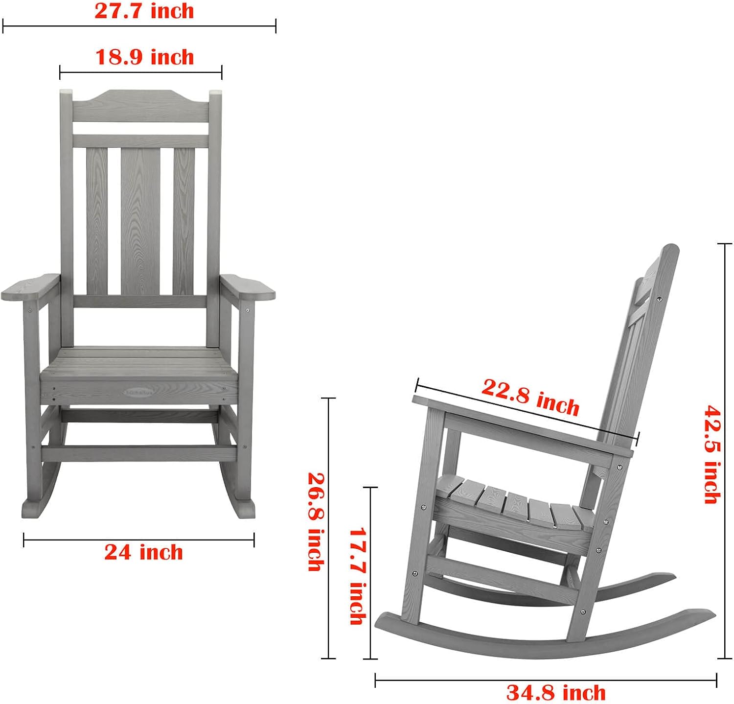 hOmeHua Rocking Chair, All-Weather Oversized Outdoor Indoor Chairs, Patio Fade-Resistant Porch Rocker Chair, Durable Smooth Rocking, Comfortable Easy to Assemble, Low Maintain (Gray)