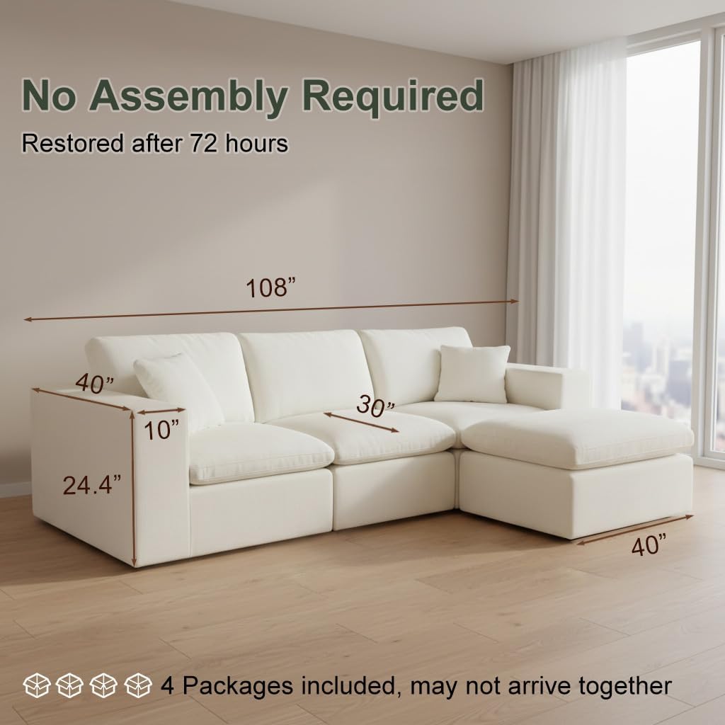 Nigoone 108' Sectional Couches for Living Room, Modular Cloud Sofa with Ottoman, Memory Foam Boneless L Shaped Couch, Adjustable Sofa Backrest, 4 Eater, Warm White | Breathable Material, Deep Seat, High-Resilience Foam