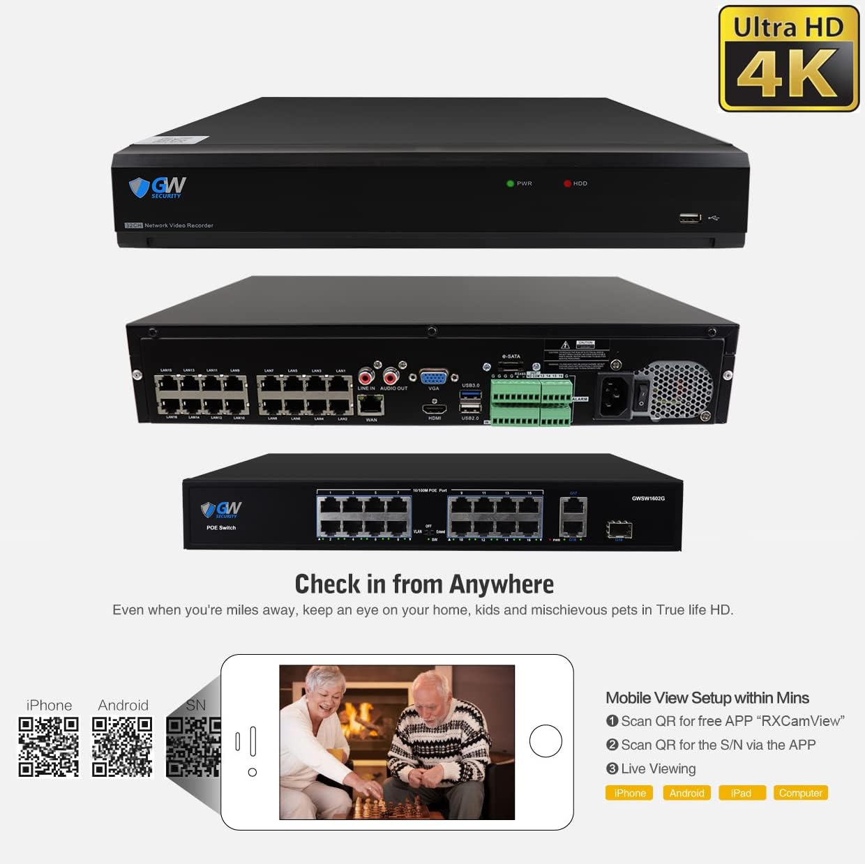 GW Security 32 Channel NVR UltraHD 12MP (4096x3072) Face/Human/Cars/License Plate Detection PoE Security Camera System with 16 x 6K 12MP Full Color Night Vision Waterproof 2-Way Audio Bullet Cameras