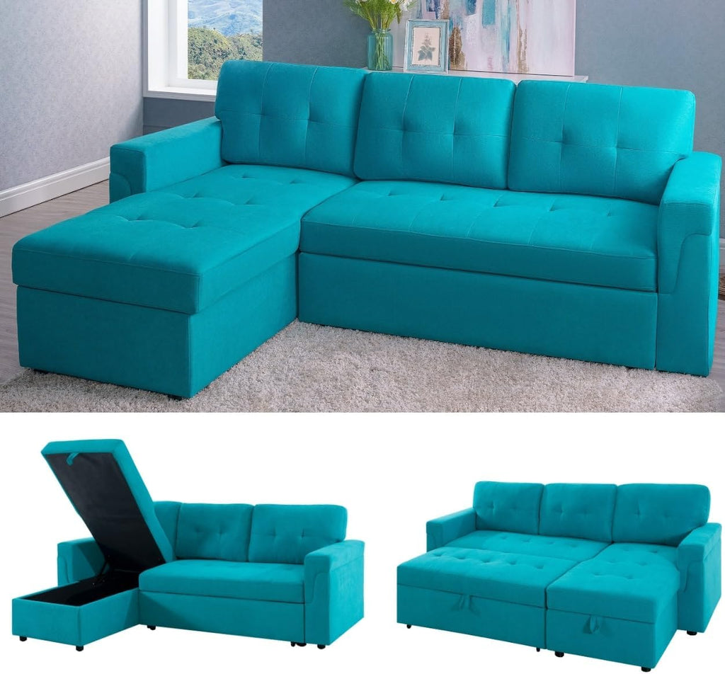 Naomi Home L Shaped Sectional Couch with Storage & Pull Out Bed – 3-in-1 Convertible Sleeper Sofa Bed, Small L Shape Sofa for Living Room, Sofa Bed with Storage Chaise in Teal, Velvet