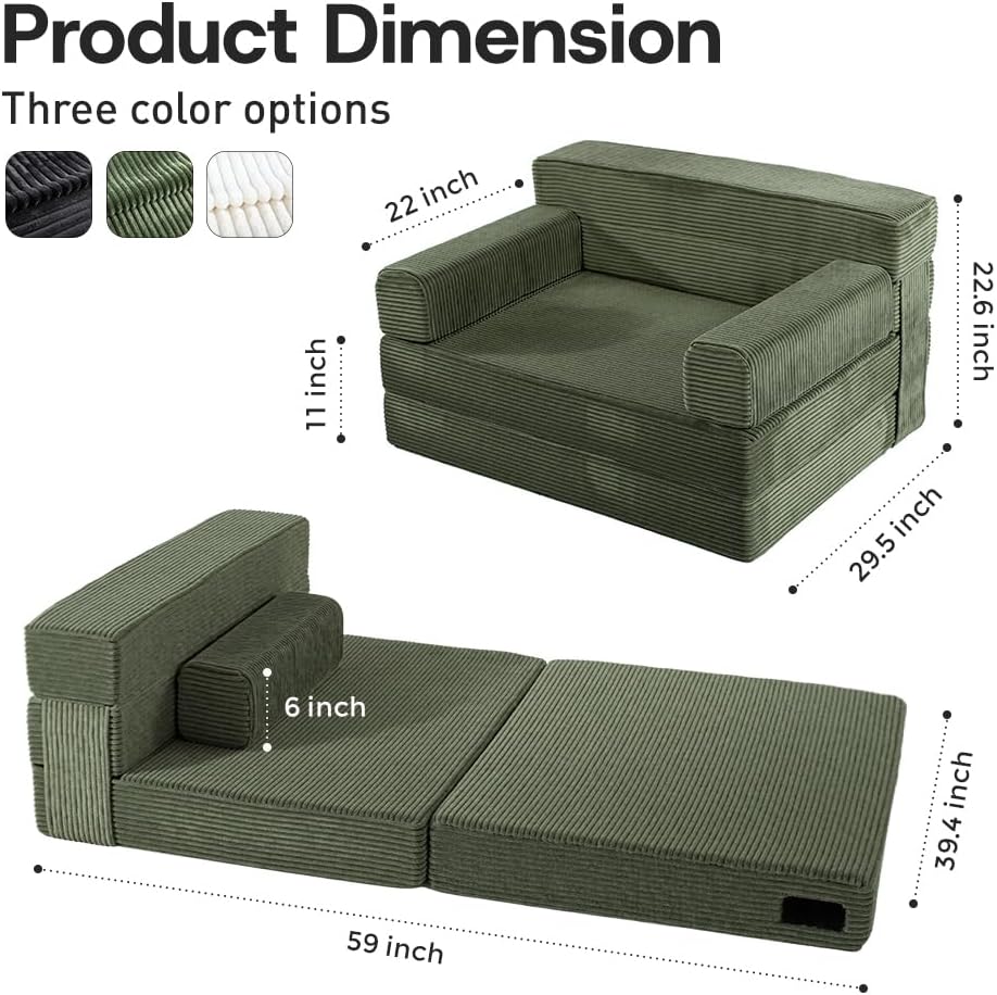 YEPDIN Folding Sofa Bed,Convertible Sofa Bed with Armrest Foldable Sleeper Chair, Portable Folding 4-in-1 Floor Sofa with Convertible Lounge Chair for Living Room,Bedroom,Washable Cover,Green Single