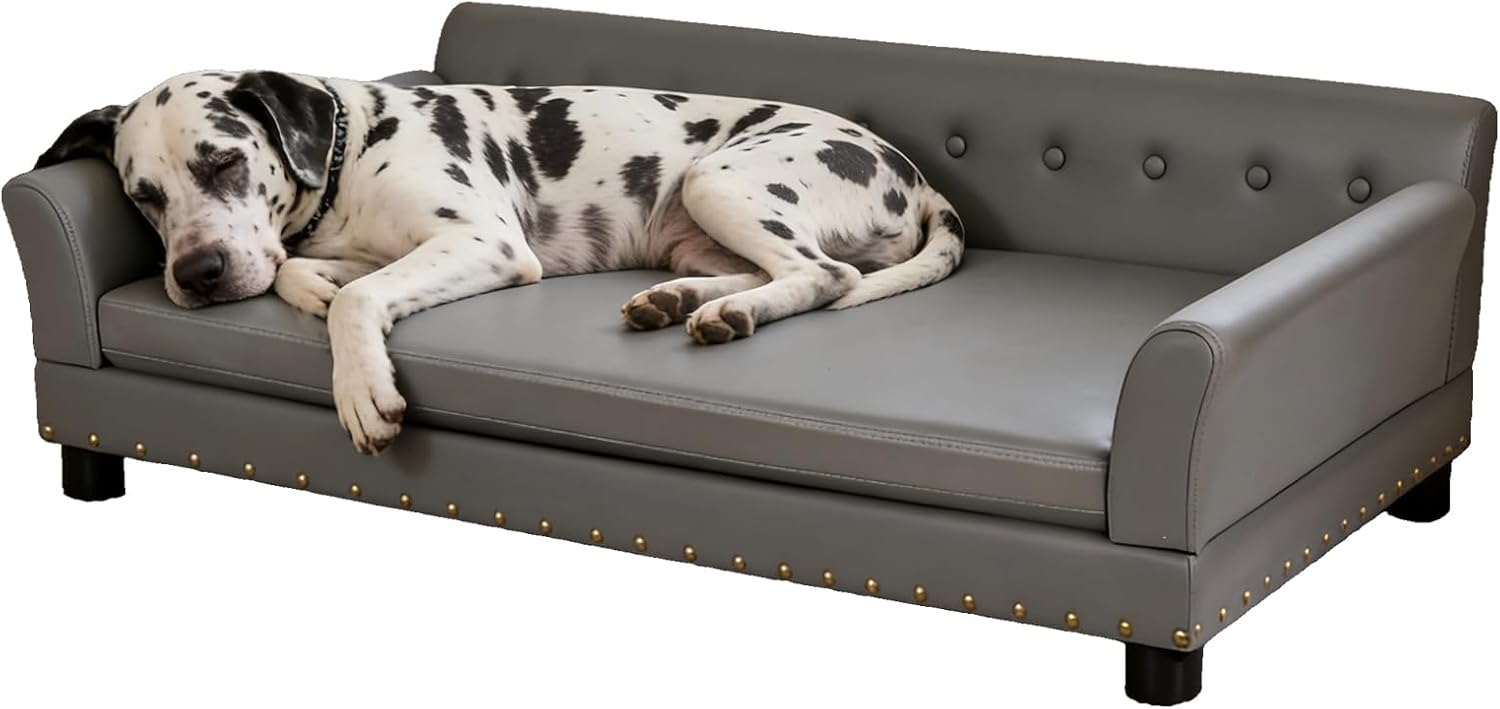BingoPaw Large Leather Dog Sofa: Jumbo Pet Couch Made by Scratching Resistant Microfiber Leather - Indoor Elevated Dogs Chaise Bed for Doggy up to 120lbs