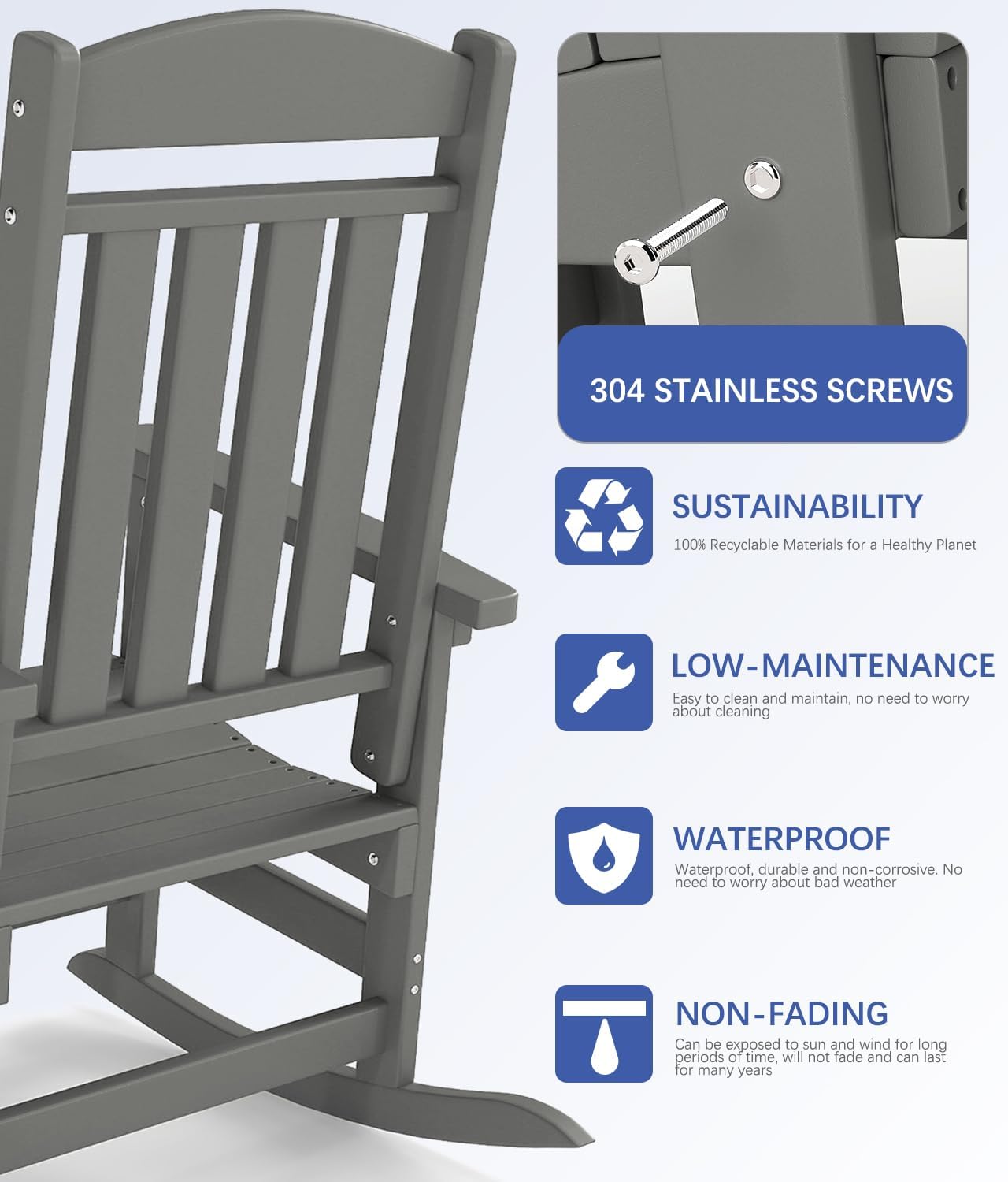 FOOWIN Outdoor Rocking Chair, High Back Patio Rocking Chair, HDPE All Weather Resistant Porch Rocker for Adult, Oversized Rocking Chairs for Garden, Lawn, Indoor & Outdoor Use, Grey