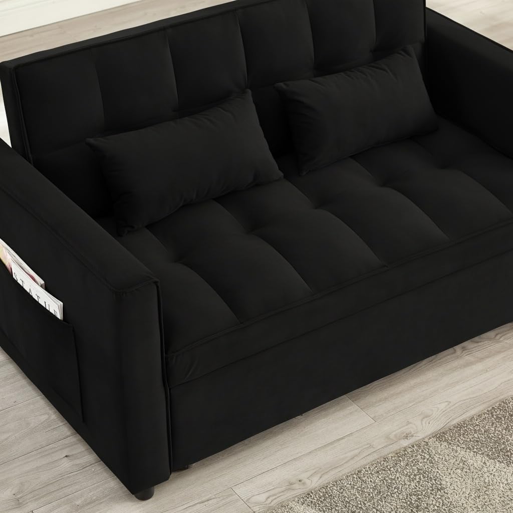 Loveseat Sleeper Sofa, 3 in 1 Convertible Sofa Bed, Adjustable Backrest Comfy Pull Out Couch, Modern Upholstered Sofa for Living Room Bedroom Apartment Small Space (Black)
