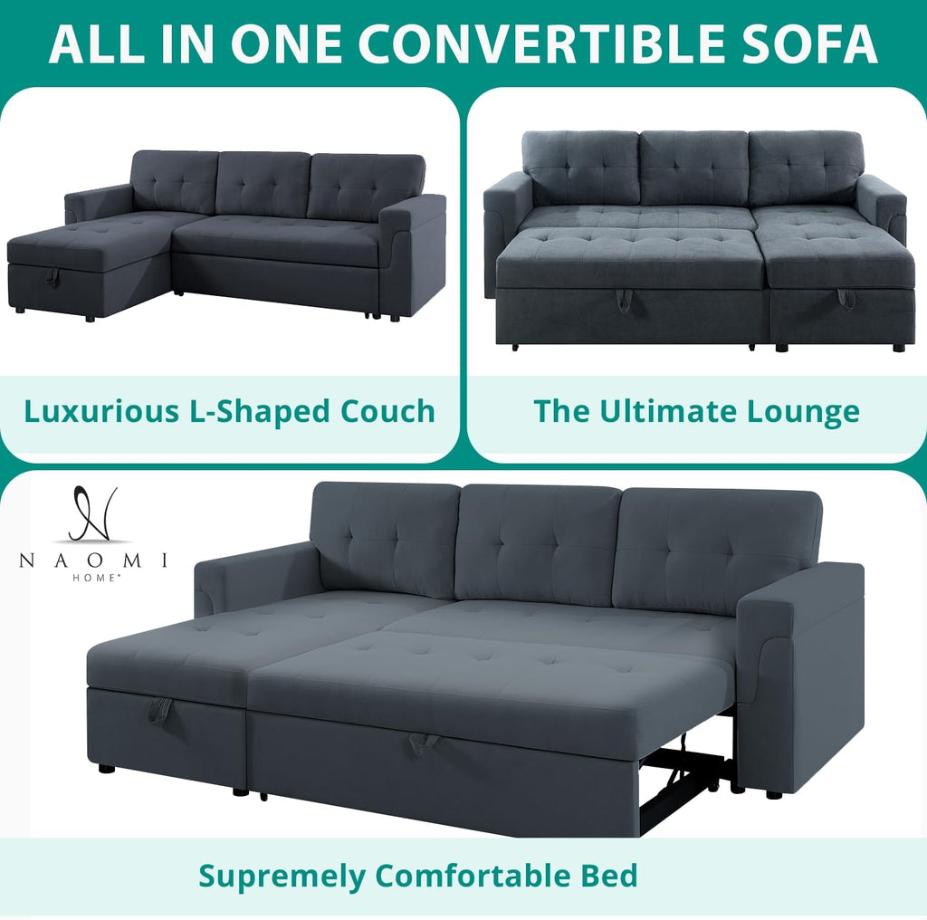 Naomi Home L Shaped Sectional Couch with Storage & Pull Out Bed – 3-in-1 Convertible Sleeper Sofa Bed, Small L Shape Sofa for Living Room, Sofa Bed with Storage Chaise in Dark Gray, Velvet