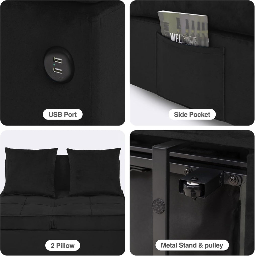 Sofa Bed 4-in-1 Convertible pull out Couch, Velvet Love seat Couch Sleeper Chair Bed with 2 Throw Pillow, Single Recliner with 5 Adjustable Backrests for Living Room Apartment Small Space, Black