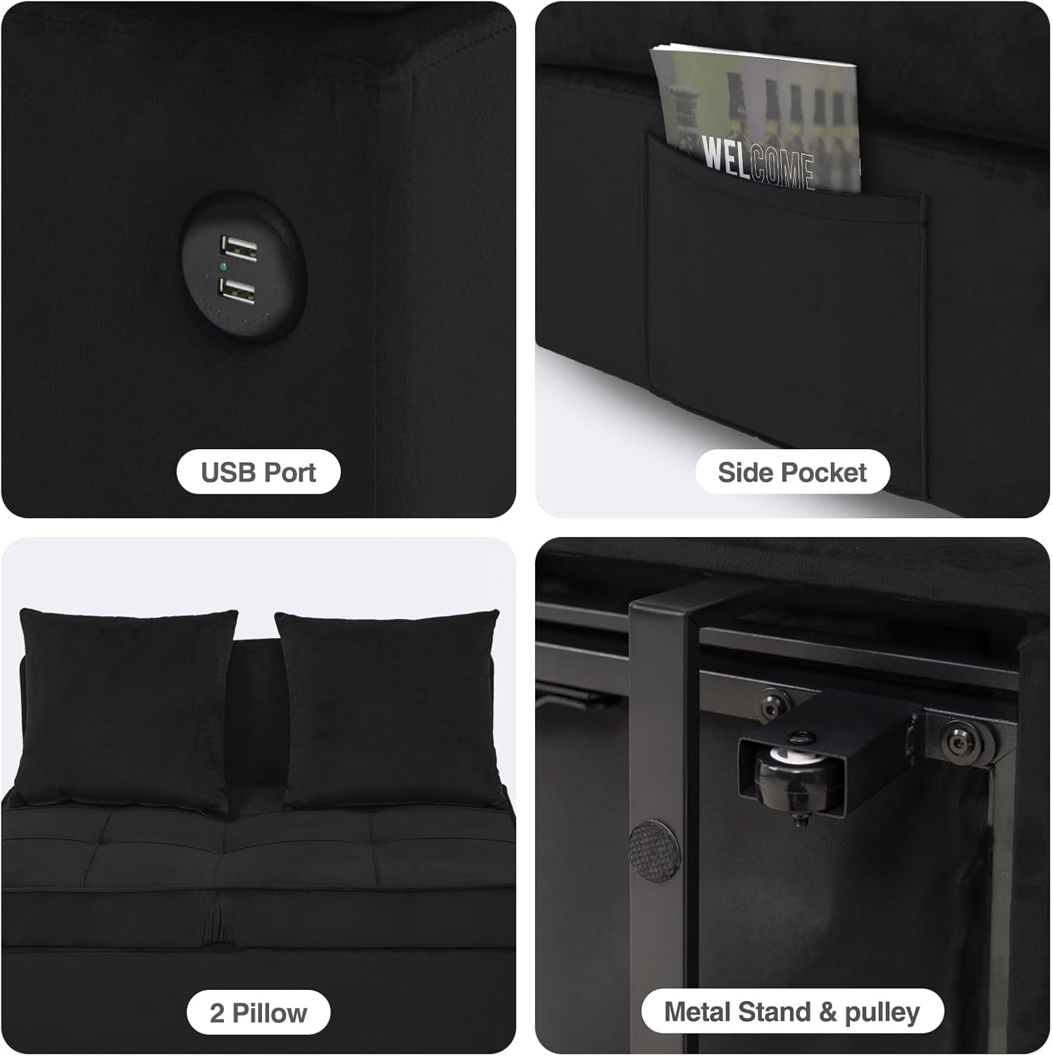 Sofa Bed 4-in-1 Convertible pull out Couch, Velvet Love seat Couch Sleeper Chair Bed with 2 Throw Pillow, Single Recliner with 5 Adjustable Backrests for Living Room Apartment Small Space, Black