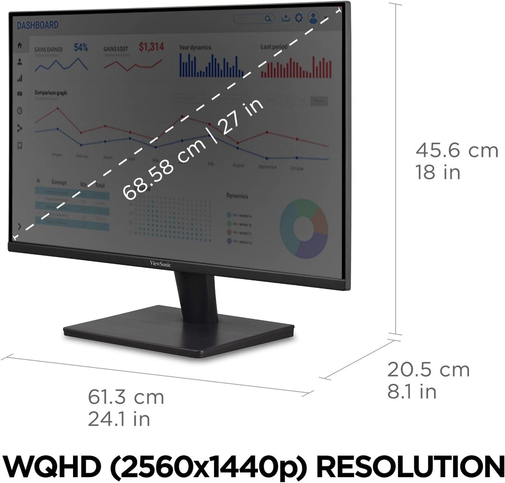ViewSonic VA2715-2K-MHD 27 Inch 1440p Monitor, LED Display with Adaptive Sync for High-Resolution Home and Office Work, HDMI, and DisplayPort Inputs