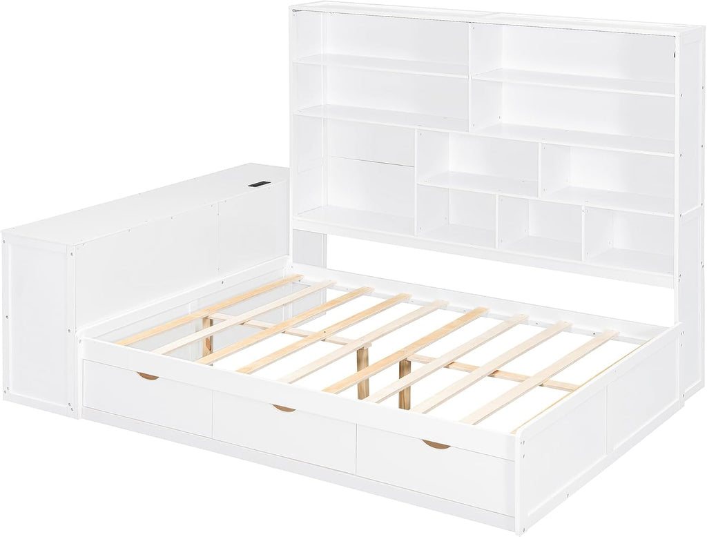 LUMISOL Corner Full Bed Frame with Storage Drawers, Built-in Desk with USB Ports & Shelves, Wooden Daybed Sofa Bed with LED Bookcase for Bedroom Living Room, White