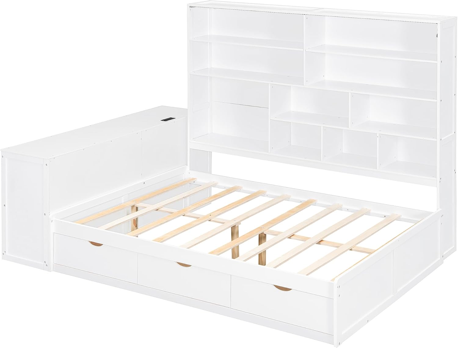LUMISOL Corner Full Bed Frame with Storage Drawers, Built-in Desk with USB Ports & Shelves, Wooden Daybed Sofa Bed with LED Bookcase for Bedroom Living Room, White