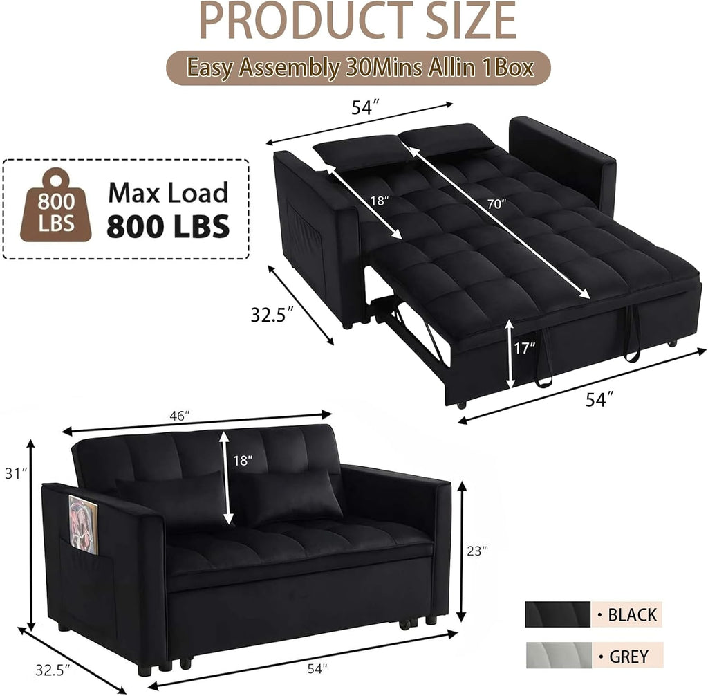70' 3-in-1 Velvet Sleeper Sofa Bed, Convertible Pull Out Couch w/Adjustable Back, Armrests & Storage. Modern Black Futon for Living Room, Bedroom, Small Space - 2 Pillows Included Black