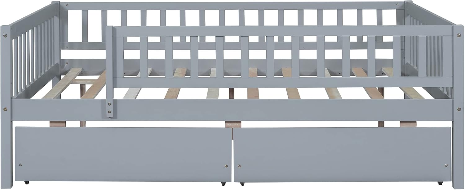 Montessori Bed Frame with Fence Railings and 2 Drawers for Kids,Full Size Wood Low Platform Bed Frame with Full-Length Safety Guardrails for Boys Girls,No Box Spring Needed,Grey