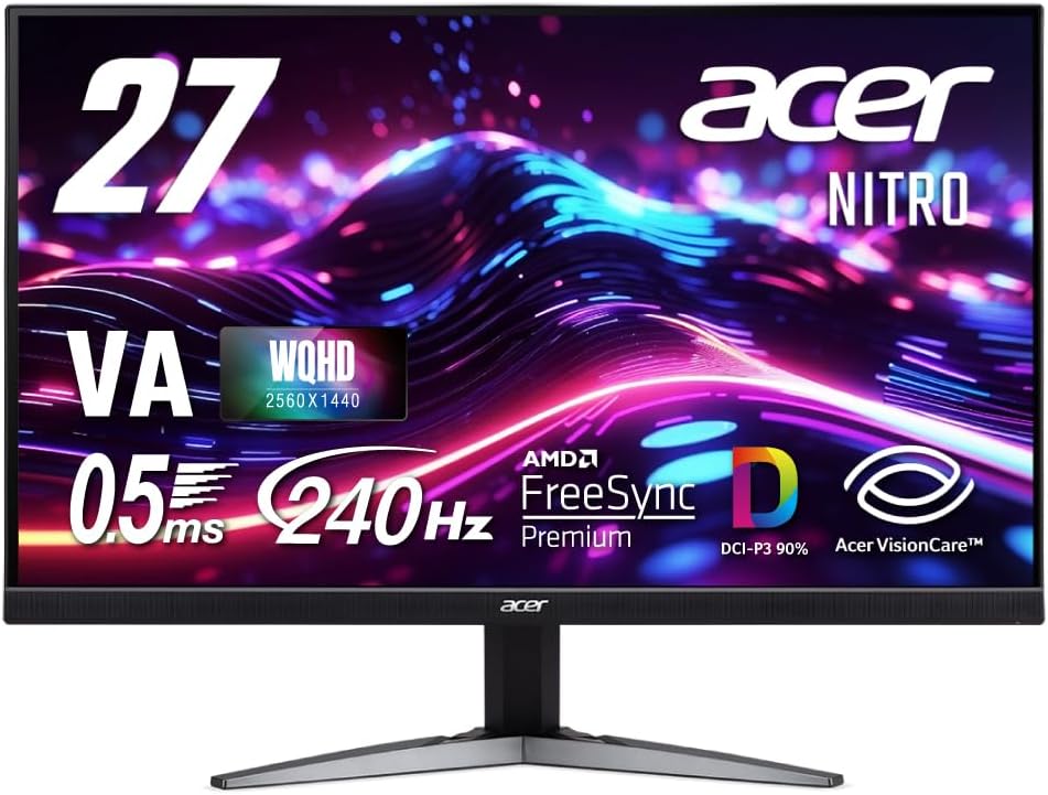 acer Nitro Gaming Monitor 27' WQHD Matte Wide View Angle VA 240Hz 0.5ms(GTG) DCI-P3 90% AMD FreeSync Premium Black Boost HDR350 Gaming View Technology Blue Light Reduction HDMI 2.1 DisplayPort v1.4