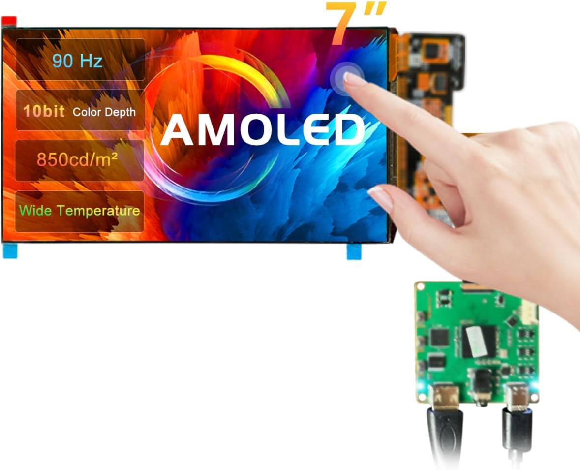 wisecoco AMOLED Display 7 Inch FHD 90Hz High Refresh Rate 850 Nits High Brightness IPS Touch Panel for Raspberry Pi 5/4 Laptop Camera Switch PS4/5 Gaming Display DIY Screen
