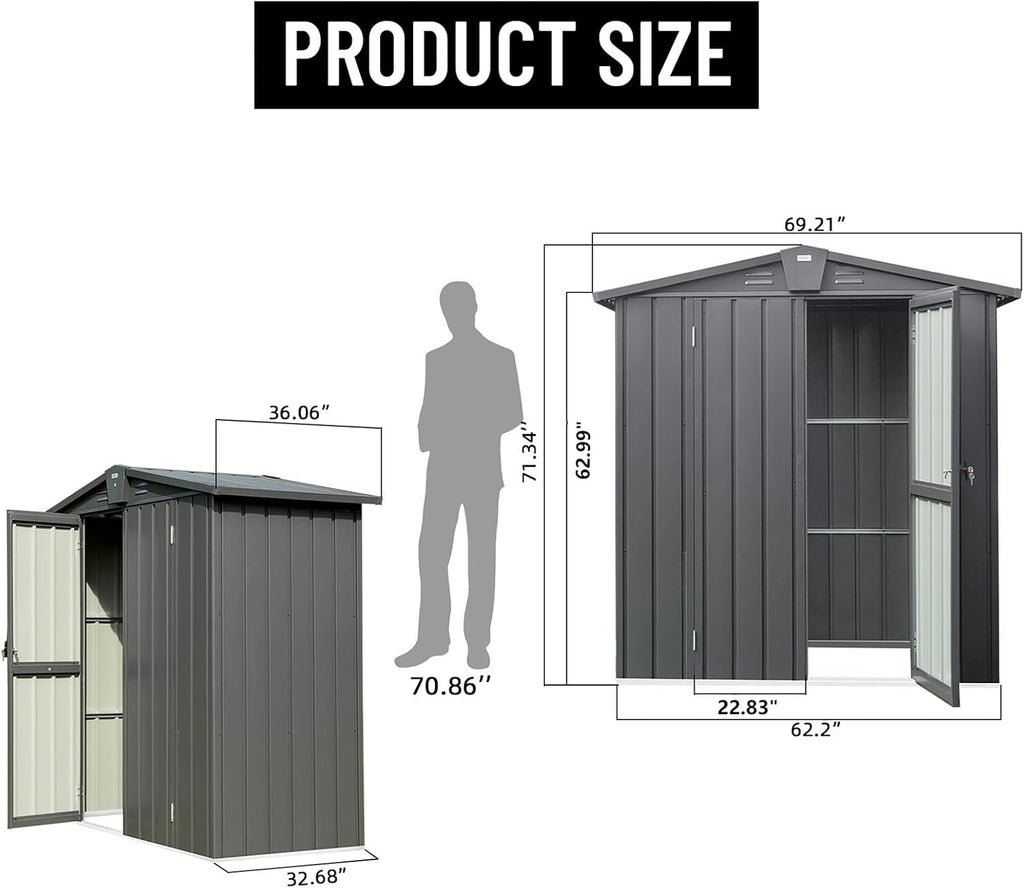 Small Outdoor Storage Shed 5.7x3ft Galvanized Steel, Large Capacity Garden Tool Shed with Gable Roof & Lockable Double Doors - Utility Shed for Patio, Backyard, Lawn (Dark Gray)