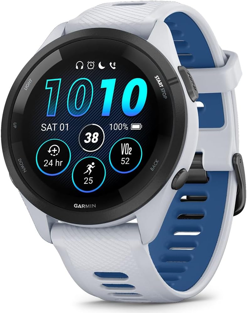 Garmin 010-02810-01 Forerunner 265 GPS Smartwatch Whitestone/Tidal Blue Bundle with Deco Essentials Silicone Dust Cover 3 Pack, Round Screen Protector and 2 YR CPS Enhanced Protection Pack