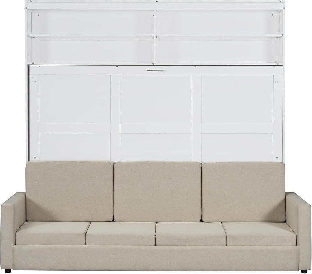 Merax Queen Size Murphy Bed, Wooden Queen Murphy Bed with Sofa and Cushion, Wall Bed with Shelves, White