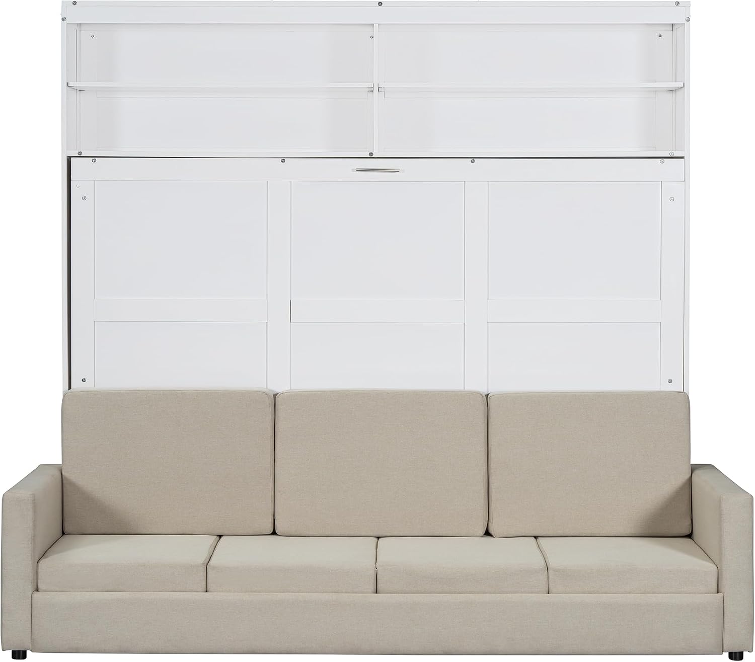 Merax Queen Size Murphy Bed, Wooden Queen Murphy Bed with Sofa and Cushion, Wall Bed with Shelves, White