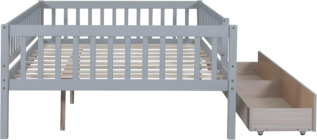 Montessori Bed Frame with Fence Railings and 2 Drawers for Kids,Full Size Wood Low Platform Bed Frame with Full-Length Safety Guardrails for Boys Girls,No Box Spring Needed,Grey