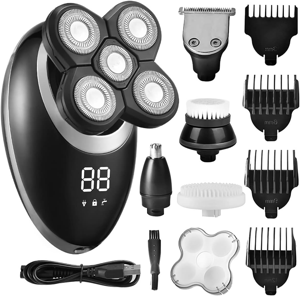 Electric Razor for Men, 5 in 1 Electric Shaver For Men Beard Hair Trimmer Electric Razor 5D Floating Five Blade Heads Electric Nose Hair Trimmer LCD Display (Color : Silver)