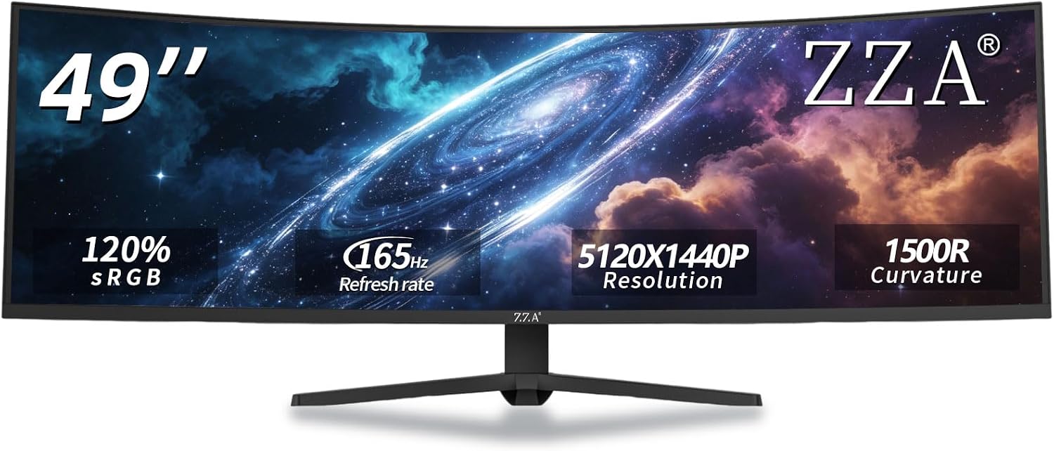 ZZA Ultrawide 49 Inch Curved Monitor 5K Large Computer Monitor 165Hz, DQHD 5120×1440 Curved 1500R AMD FreeSync 120% sRGB Height Adjustable, HDMI 2.1 & DP 1.4, VESA Mount – Black
