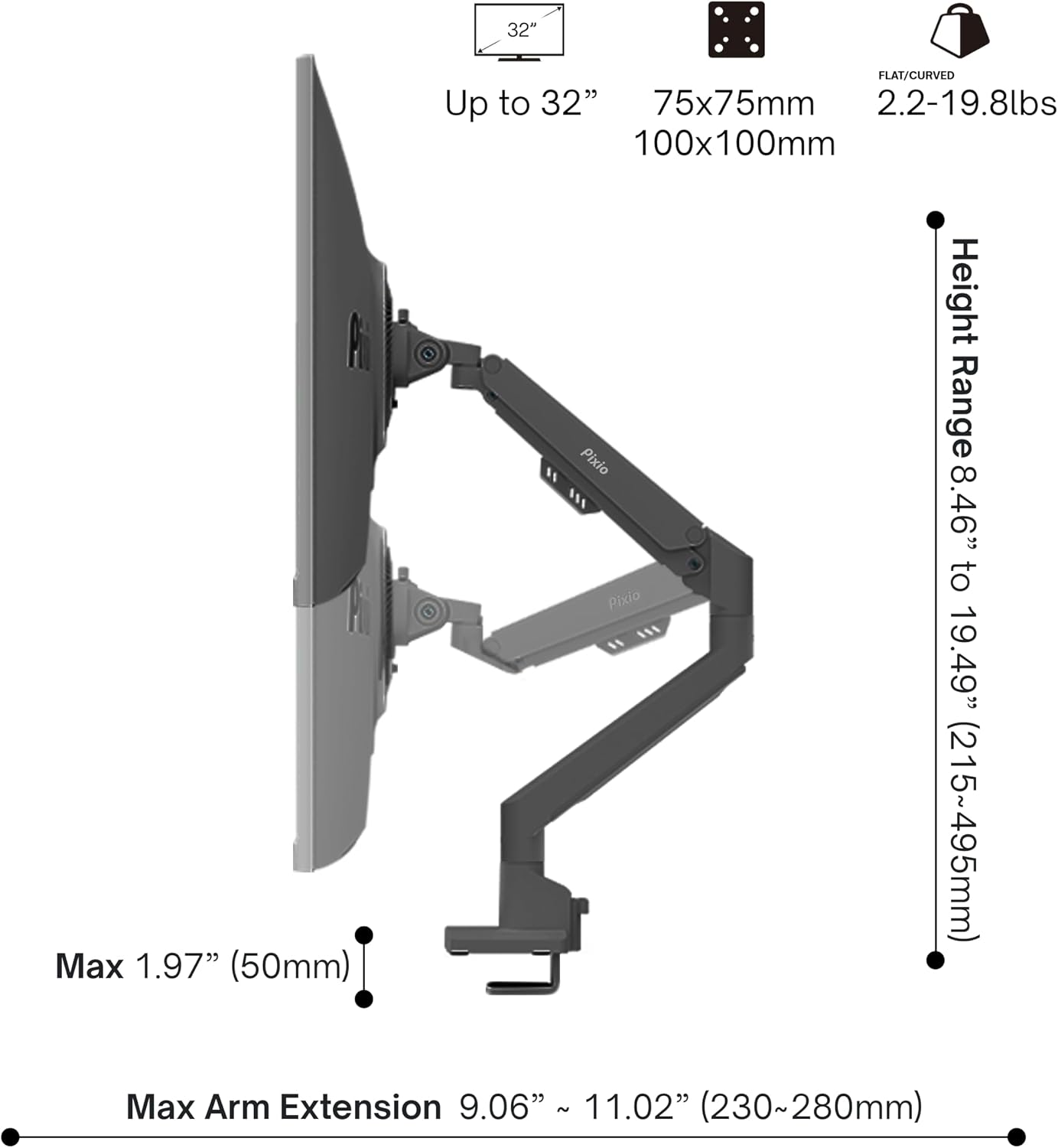 Pixio PX279 Wave 27 inch 240Hz Refresh Rate FHD 1080p Resolution Fast IPS Panel 1ms GTG Resonse Time Gaming Monitor and PS1S Wave Black Single Monitor Arm - Fits up to 32 inches and 19.8lbs