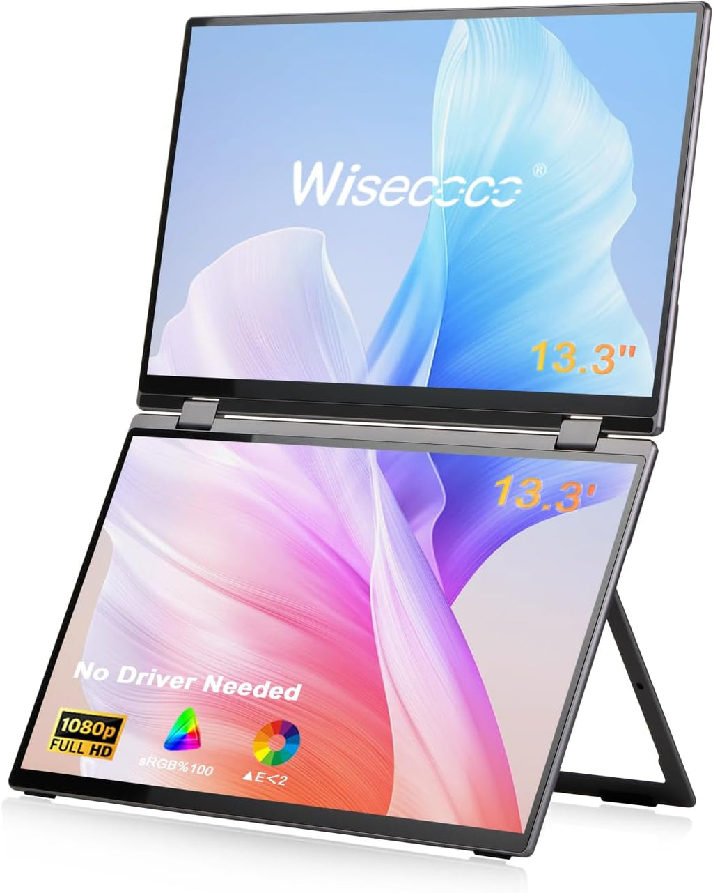 wisecoco 13.3'' Dual Touch Screen OLED Triple Monitor IPS FUD 1080P USB-C HDMI HDR Secondary Display Foldable Laptop PC Gaming Monitor 100% sRGB Windows Mac Android Plug&Play Flip S3+