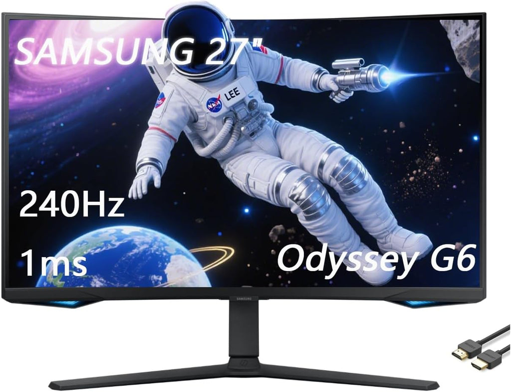 Samsung 32' Odyssey G6 Series QHD Gaming Monitor, 240Hz, 1ms, 1000R Curved, Swivel & Tilt Adjustable Stand, Black, with GSF HDMI Cable