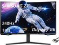 Samsung 32' Odyssey G6 Series QHD Gaming Monitor, 240Hz, 1ms, 1000R Curved, Swivel & Tilt Adjustable Stand, Black, with GSF HDMI Cable