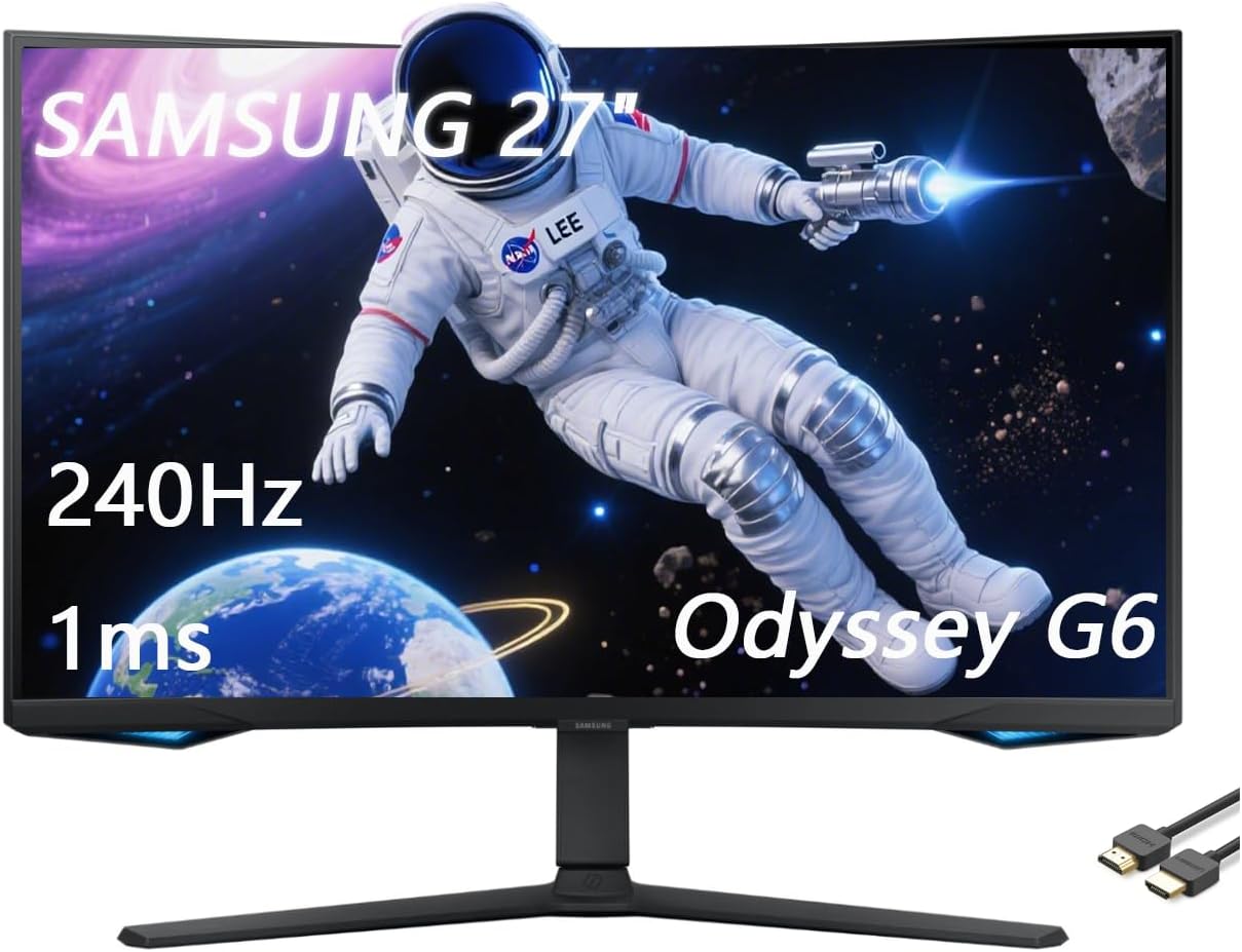 Samsung 32' Odyssey G6 Series QHD Gaming Monitor, 240Hz, 1ms, 1000R Curved, Swivel & Tilt Adjustable Stand, Black, with GSF HDMI Cable