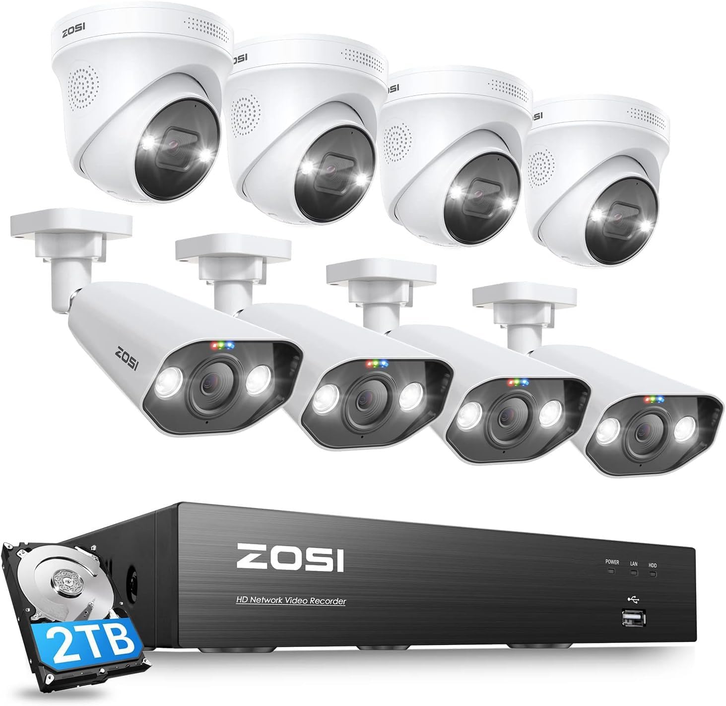 ZOSI 4K 8CH Spotlight PoE Security Camera System,8pcs 4K Outdoor IP Cameras,Color Night Vision,Person Vehicle Detection,2 Way Audio,8Channel 8MP NVR Recorder with 2TB HDD for Home 24/7 Recording