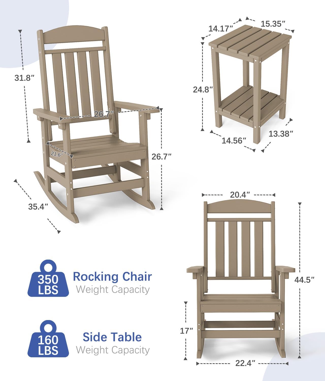 FOOWIN 3-Piece Outdoor Rocking Chairs Set, High Back Patio Rocker with Side Table, HDPE All Weather Resistant Oversized Rocking Chairs for Indoors, Porch, Patio, Backyard, Brown