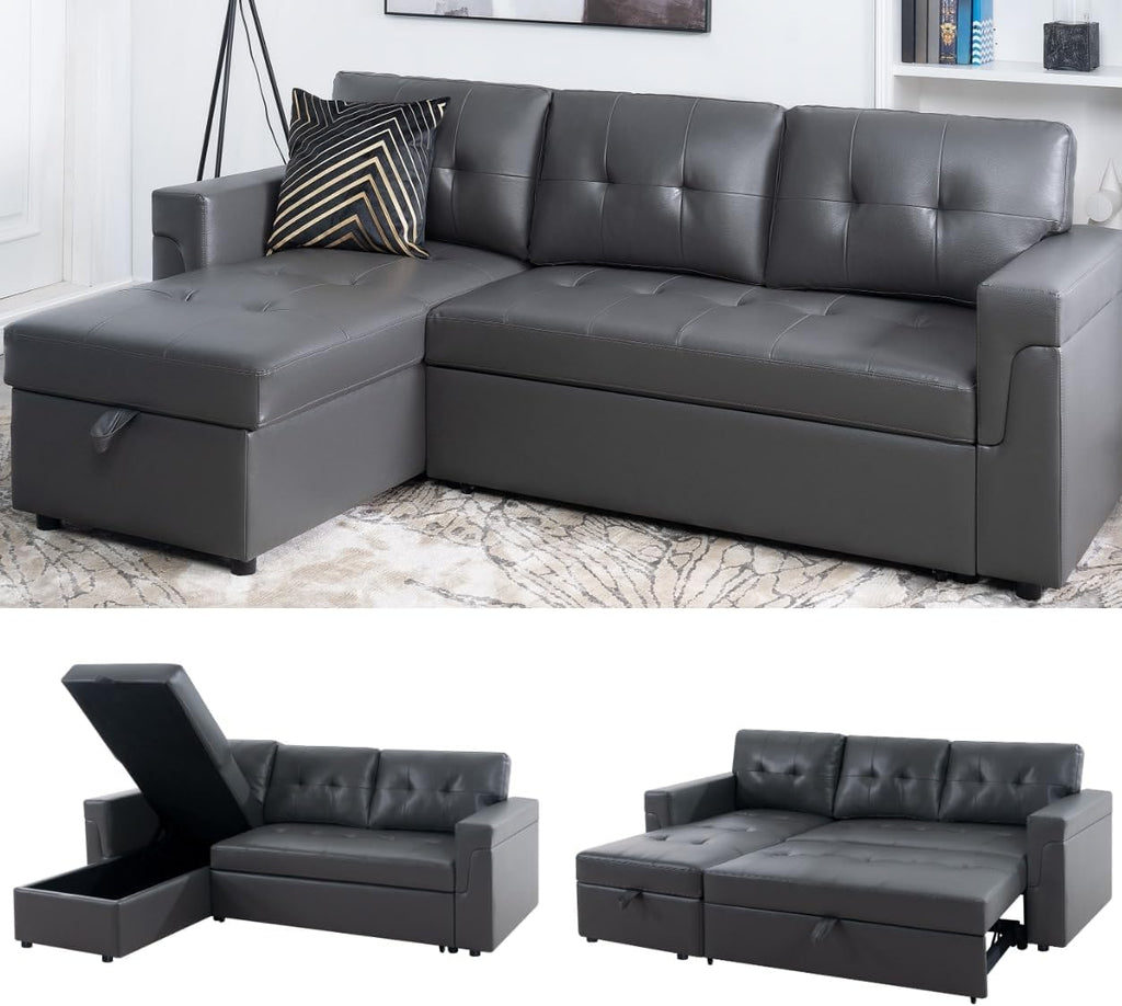Naomi Home L Shaped Sectional Couch with Storage & Pull Out Bed – 3-in-1 Convertible Sleeper Sofa Bed, Small L Shape Sofa for Living Room, Sofa Bed with Storage Chaise in Gray, Air Leather