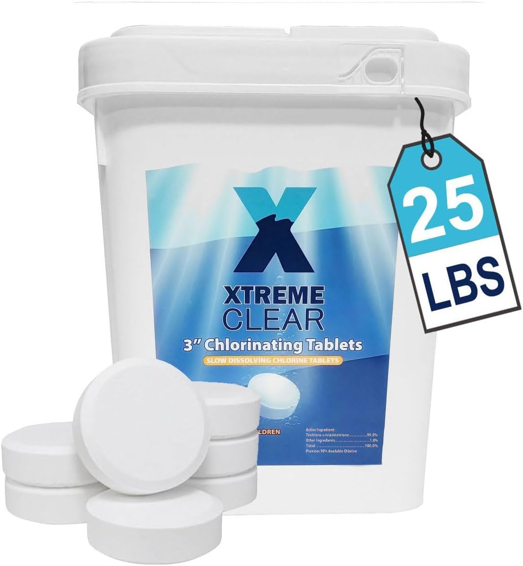 XtremeClear 25 Pound Bucket 3' Chlorine Tablets Bucket, 25 lbs Chlorinating Tabs for Swimming Pools Advanced Slow Dissolving