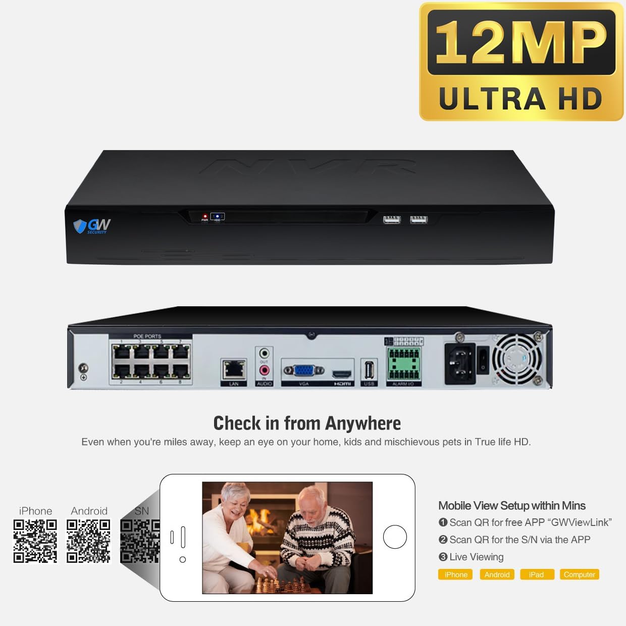 GW Security 8 Channel NVR UltraHD 4K Face Recognition LPR Commercial NDAA & TAA Compliant Security Camera System with 8 x 8MP @25FPS Outdoor & Indoor PoE Turret Cameras, CCTV for Business