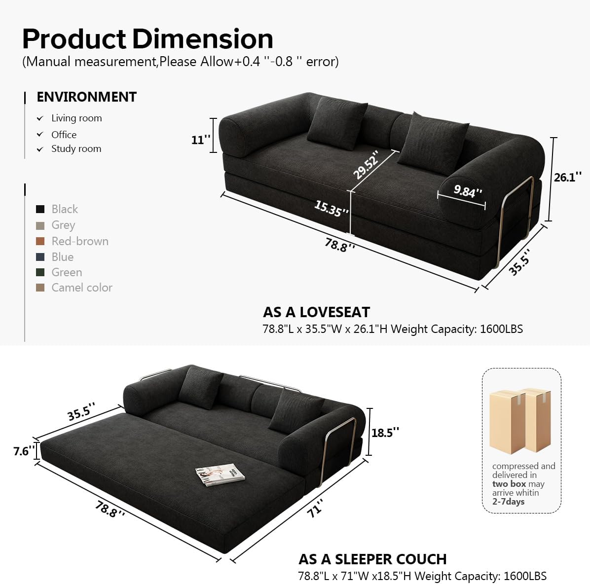 78.8' Modular Sofa Bed - 4-in-1 Convertible Design with Corduroy Fabric and High Density Sponge, Removable Cover and Fixed Frame
