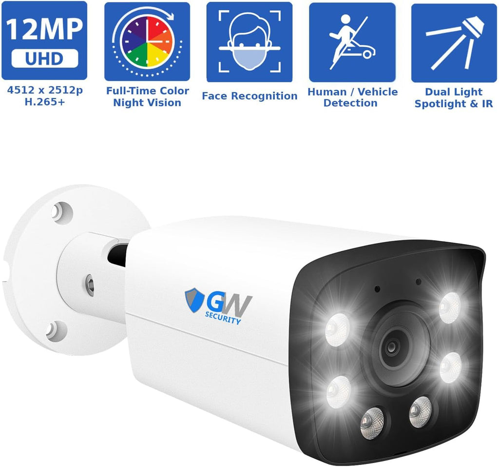 GW Security 32 Channel NVR UltraHD 12MP 4K @30FPS Face/Human/Vehicle Detection PoE Security Camera System with 16 x 6K 12MP Microphone Smart AI Waterproof Bullet Camera, Starlight Color Night Vision