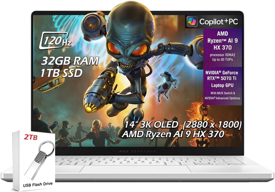 ASUS ROG Zephyrus G14 14' 3K OLED Gaming Laptop, (AMD Ryzen AI 9 HX 370, RTX 5070 Ti 12GB, 32GB RAM, 1TB SSD, RGB Backlit Keyboard, WiFi7, Micro SD, Win11), Platinum White, w/2TB USB Drive, W/GaLiMu