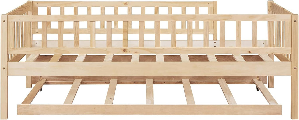 Twin Wood Bed Frame with Fence Railings and Trundle,Low Montessori Kids Platform Bed Frame with Full-Length Safety Guardrails,Dual-use Daybed for Bedroom and Living Room,Natural