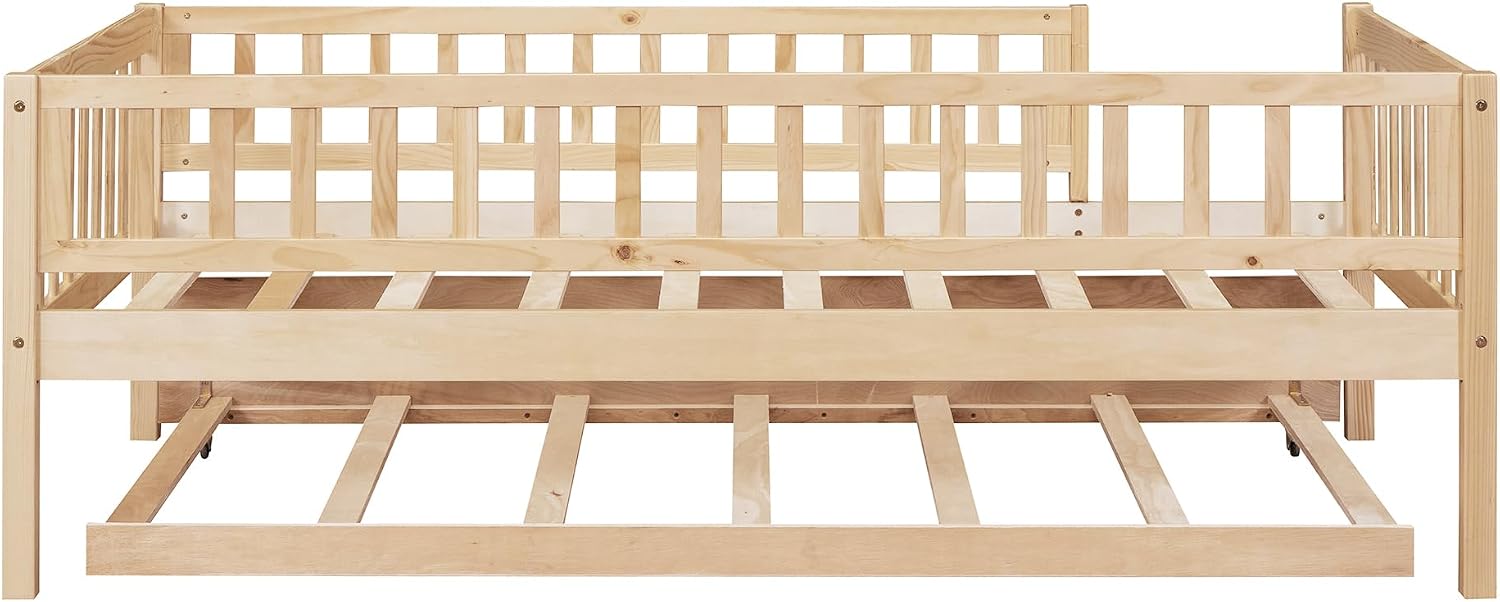 Twin Wood Bed Frame with Fence Railings and Trundle,Low Montessori Kids Platform Bed Frame with Full-Length Safety Guardrails,Dual-use Daybed for Bedroom and Living Room,Natural