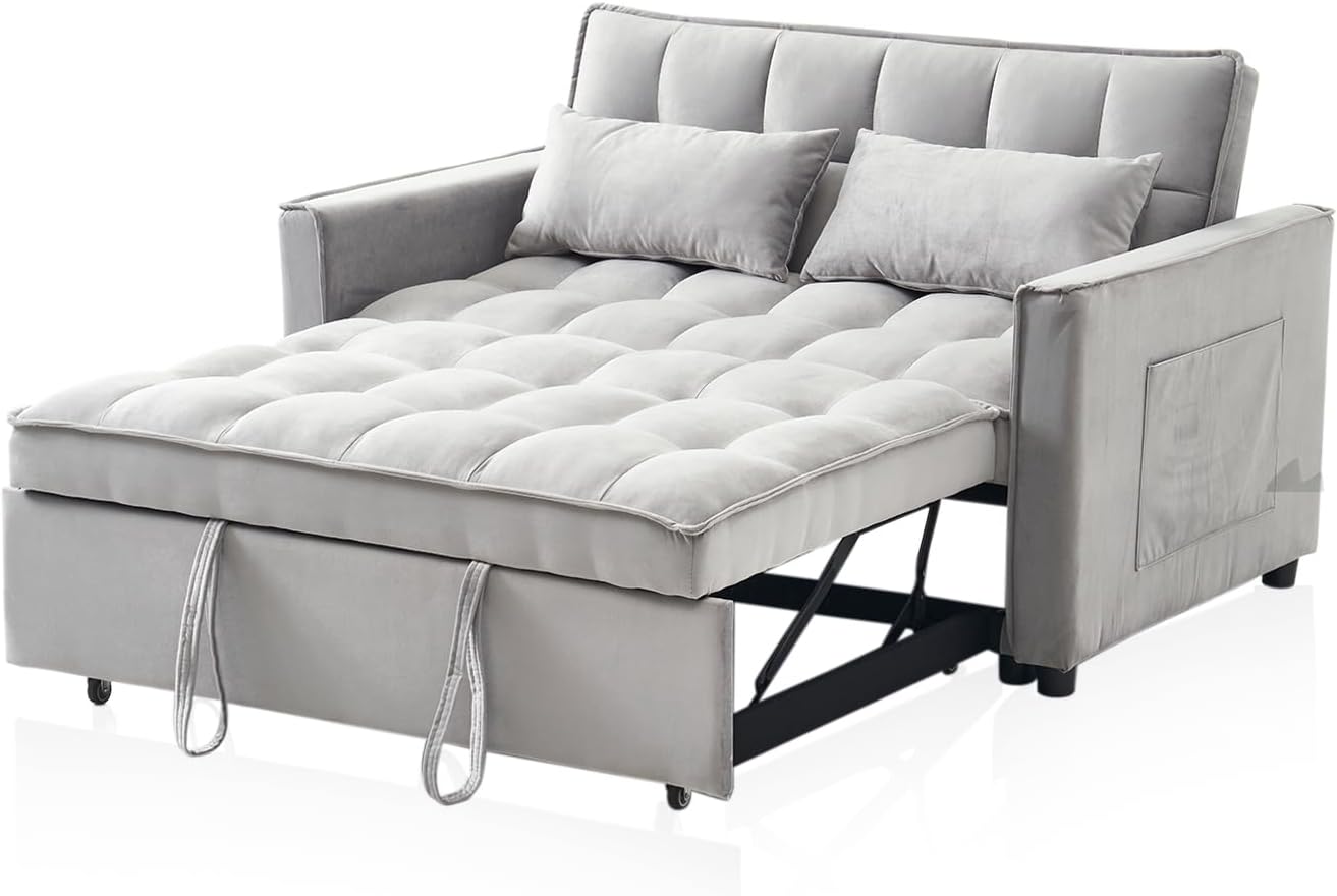 3-in-1 Loveseat Sleeper Sofa, Modern 55.5' Pull Out Couch, Velvet Upholstered Futon Sofa Bed with Adjustable Backrest, Convertible Sofa Bed with Storage Pockets for Living Room(Light Grey)