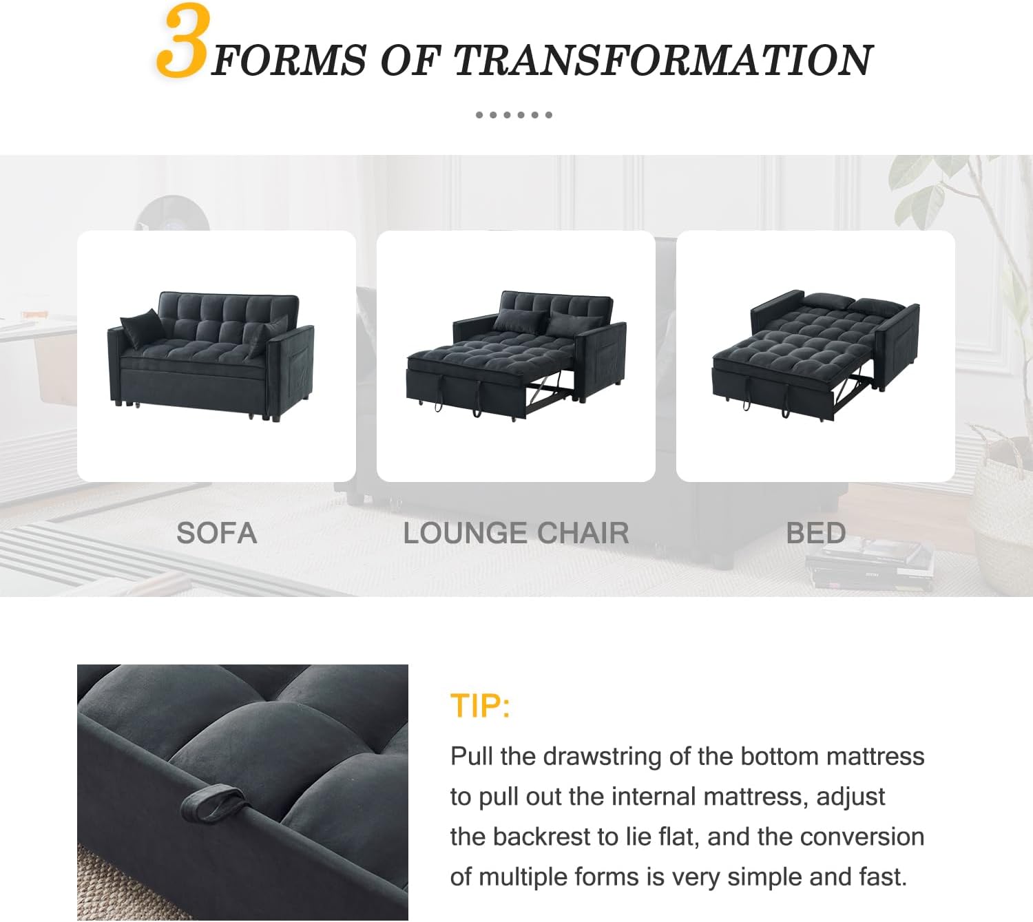 Futon Sofa Bed,Modern 3 in 1 Convertible Sleeper Sofa, Pull Out Couch Bed with Adjustable Backrest, Storage Pockets and Toss Pillows for Living Room, Bedroom (Black)