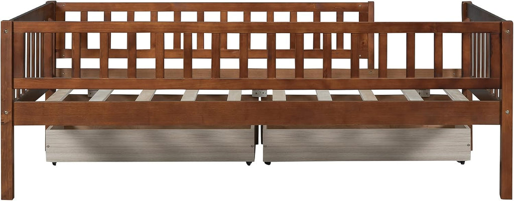 Montessori Bed Frame with Fence Railings and Drawers for Kids,Twin Size Wood Low Platform Bed Frame with Full-Length Safety Guardrails for Boys Girls,No Box Spring Needed,Walnut