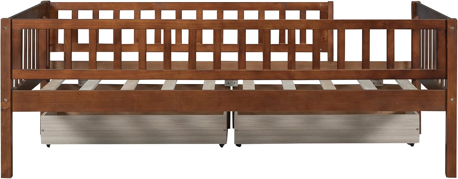 Montessori Bed Frame with Fence Railings and Drawers for Kids,Twin Size Wood Low Platform Bed Frame with Full-Length Safety Guardrails for Boys Girls,No Box Spring Needed,Walnut