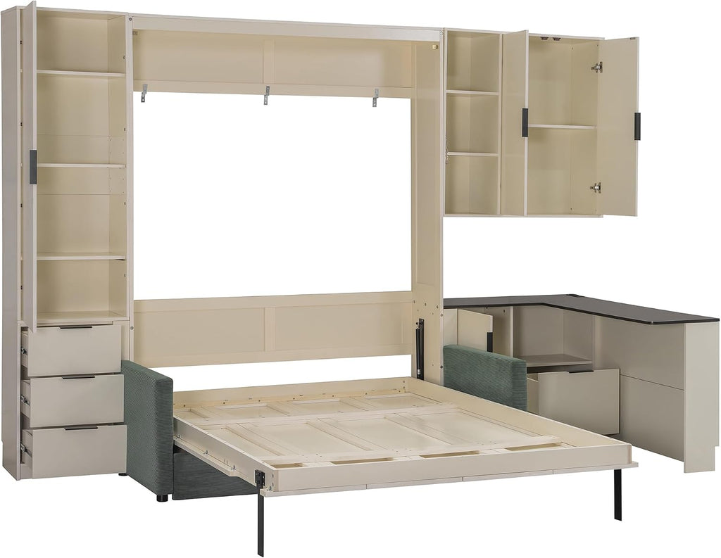 Merax Queen Size Wood Murphy Bed with Upholstered Sofa & Desk, Multifunctional Foldable Wall Platform Bed w/USB Charging Station for Guest-Room, Bedroom, Space Saving, Beige + Green